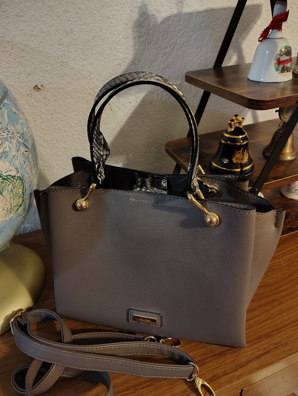 Grey Structured Tote Bag with Gold Hardware